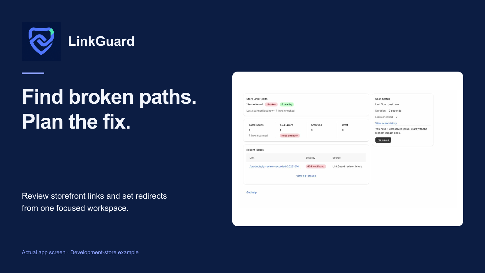 LinkGuard's new shield-link logo beside its link-health dashboard