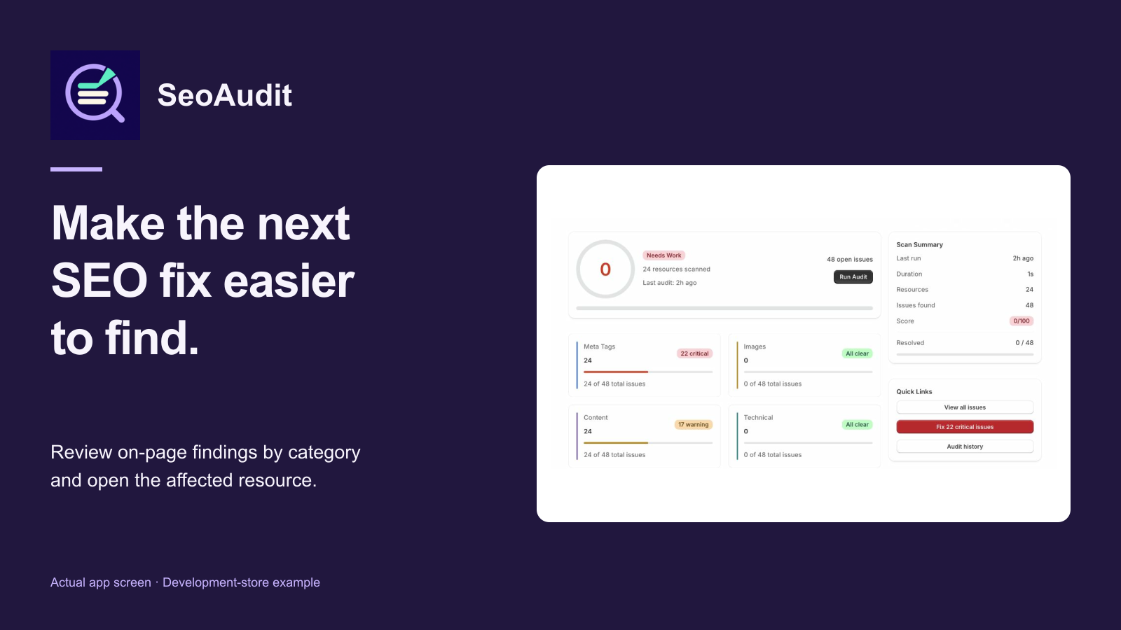 SeoAudit's new lilac identity beside its categorized audit overview